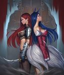  ahri animal_ears bare_shoulders blade blue_hair breasts brown_eyes flower fox_ears katarina_du_couteau korean_clothes large_breasts league_of_legends lips midriff multiple_girls multiple_tails pursed_lips red_hair rose scar since tail 
