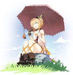  absurdres black_choker blonde_hair blue_eyes choker edna_(tales) grass hairband highres leg_ribbon matsuike normin_(tales) ribbon rock short_hair side_ponytail sitting solo tales_of_(series) tales_of_zestiria umbrella yawning 