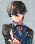  black_hair blue_eyes double-breasted horikawa_kunihiro index_finger_raised male_focus ribbon smile solo tenkuu_sphere touken_ranbu upper_body 