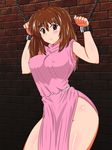  bastard!! bdsm blush bondage bound breasts brown_eyes brown_hair chain covered_nipples cuffs dress highres large_breasts long_hair looking_at_viewer shackles solo taka_(copyrobot) tia_noto_yoko 