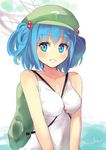  :d backpack bag bare_shoulders between_breasts blue_eyes blue_hair blush breasts camisole cleavage collarbone culter grin hair_bobbles hair_ornament hat kawashiro_nitori key long_hair looking_at_viewer medium_breasts no_bra open_mouth shirt sitting sleeveless sleeveless_shirt smile solo strap_cleavage touhou twintails two_side_up upper_body very_long_hair water 