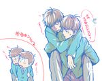  brothers brown_hair carrying drunk formal male_focus matsuno_ichimatsu matsuno_karamatsu multiple_boys osomatsu-kun osomatsu-san piggyback sakuhou3390 siblings simple_background sleeping suit sweatdrop translation_request white_background 