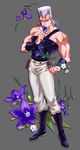  anz bellflower blue_eyes boots earrings floral_background flower full_body glowing grey_background grey_hair holding holding_flower jean_pierre_polnareff jewelry jojo_no_kimyou_na_bouken lily_(flower) male_focus muscle pouch simple_background smelling_flower solo standing wristband 