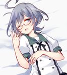  ahoge ensemble_girls! glasses grey_eyes grey_hair kannazuki_hotori kimisaki_school_uniform lying on_back one_eye_closed open_mouth puffy_short_sleeves puffy_sleeves red-framed_eyewear school_uniform short_sleeves solo uranaishi_(miraura) 