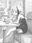  amputee ashtray bandages barefoot bikko borrowed_character cigarette cigarette_box cup diner dress english full_body greyscale indoors keloids monochrome mug multicolored_hair one-eyed original scar scar_across_eye sekichuu_(unholywars12) short_dress short_hair sitting smoking solo two-tone_hair 