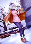  ankle_boots aqua_eyes bench blush boots breath brown_footwear building funarie fur_boots fur_trim hat jacket microphone open_clothes open_jacket open_mouth original outdoors park_bench pink_sweater scarf silver_hair snow snowflakes snowing solo sweater tree unbuttoned winter 