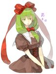  alternate_color blush bow brown_dress cleavage_cutout corset dress green_eyes green_hair hair_bow hair_ornament hair_ribbon itak69 kagiyama_hina long_hair looking_at_viewer puffy_sleeves ribbon short_sleeves simple_background solo tongue tongue_out touhou white_background 