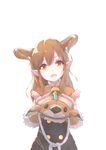  bangs bell breasts brown_hair buttons daetta_(granblue_fantasy) draph fur_trim granblue_fantasy hair_between_eyes hat hat_removed headwear_removed holding holding_hat horns large_breasts long_hair looking_at_viewer note_(suzu_note000) open_mouth orange_eyes simple_background solo tareme upper_body white_background 