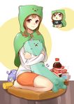  absurdres bad_id bad_pixiv_id brown_hair chibi cosplay creeper doma_umaru doma_umaru_(cosplay) highres himouto!_umaru-chan looking_at_viewer minecraft red_eyes smile solo_focus steamed_egg 
