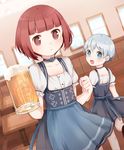  alcohol alternate_costume apron beer blue_apron blush brown_eyes brown_hair commentary_request dirndl german_clothes highres kantai_collection looking_at_viewer matching_outfit multiple_girls oktoberfest open_mouth short_hair silver_hair umishima_rinta waist_apron z1_leberecht_maass_(kantai_collection) z3_max_schultz_(kantai_collection) 