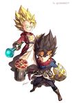  belt black_eyes black_hair blonde_hair boots brown_footwear dragon_ball dragon_ball_z dragon_quest earrings gogeta green_eyes hammer headband jewelry kim_yura_(goddess_mechanic) male_focus multiple_boys potara_earrings robe scepter shield signature super_saiyan vegetto 