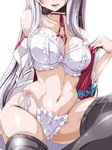  bra breasts center_frills frilled_bra frilled_panties frills groin head_out_of_frame kantai_collection large_breasts long_hair miuku_(marine_sapphire) navel panties shoukaku_(kantai_collection) silver_hair simple_background solo tongue tongue_out underwear white_background white_panties 