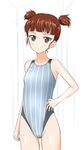 bare_arms bare_shoulders blush brown_eyes brown_hair collarbone competition_swimsuit flat_chest girls_und_panzer hand_on_hip looking_at_viewer mikko_(girls_und_panzer) one-piece_swimsuit parted_lips solo standing striped striped_swimsuit swimsuit takafumi two_side_up 