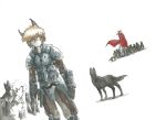  2015 armor black_fur blue_eyes breath brown_fur brown_hair canine cat clothed clothing eyewear feline female feral fur glasses granatloncat grey_fur group gun hair handgun hi_res holding_object holding_weapon jin-roh little_red_riding_hood_(copyright) male mammal ranged_weapon simple_background standing weapon white_background white_fur wolf 