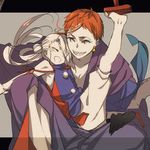  black_gloves closed_eyes earrings geta gloves grin ima-no-tsurugi iwatooshi japanese_clothes jewelry long_hair male_focus multiple_boys orange_eyes orange_hair sharp_teeth size_difference smile teeth tengu-geta tenkuu_sphere touken_ranbu white_hair 