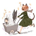  &gt;_&lt; :d animal_ears bad_id bad_twitter_id black_wings blanket blush_stickers bow braid cart cat_ears cat_tail closed_eyes dress full_body hair_bow hair_ornament halloween halloween_costume jack-o'-lantern kaenbyou_rin leg_ribbon long_sleeves multiple_girls multiple_tails open_mouth puffy_sleeves pumpkin_hat reiuji_utsuho ribbon running shoes simple_background smile tail text_focus third_eye touhou twin_braids ume_(plumblossom) white_background wings xd 