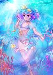  :o absurdres air_bubble animal bada_(jksh5056) bikini blue_hair bracelet breasts bubble chain choker clownfish collarbone coral crown fish frills hand_in_hair highres jellyfish jewelry leg_up light_rays looking_at_viewer midriff multicolored_hair navel original personification purple_bikini purple_eyes purple_hair sapphire_(stone) see-through shell small_breasts solo sparkle starfish sunlight swimsuit two-tone_hair underwear water wrist_cuffs 