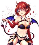  bare_shoulders bikini breasts cleavage demon_girl demon_horns demon_tail demon_wings detached_sleeves earrings ensemble_girls! garter_belt horns jewelry komatsu_botan large_breasts looking_at_viewer navel open_mouth purple_bikini purple_eyes red_hair short_hair solo swimsuit tail thighhighs uranaishi_(miraura) wings 