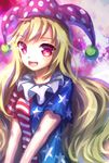  absurdres american_flag_dress blonde_hair blush breasts clownpiece gradient gradient_background hat highres hinasumire jester_cap lavender_background long_hair looking_at_viewer open_mouth pink_eyes purple_background purple_eyes small_breasts smile solo touhou upper_body very_long_hair 