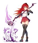  &gt;_&lt; :3 black_legwear brown_eyes closed_eyes highres holding holding_weapon long_hair looking_at_viewer magic original pleated_skirt red_hair red_skirt scythe seedkeng simple_background skirt smile solo thighhighs weapon white_background x3 zettai_ryouiki 