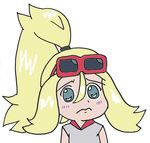  3: blonde_hair blue_eyes blush chinese_commentary closed_mouth commentary_request dot_nose eyewear_on_head flat_color frown gyate_gyate koruni_(pokemon) partial_commentary pokemon pokemon_(anime) pokemon_xy_(anime) solo sunglasses 