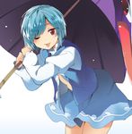  bent_over blue_hair blush commentary_request gradient gradient_background hasebe_yuusaku karakasa_obake long_sleeves looking_at_viewer one_eye_closed open_clothes open_shirt puffy_sleeves red_eyes shirt short_hair skirt smile solo tatara_kogasa tongue tongue_out touhou umbrella vest 