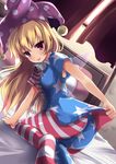  american_flag_dress american_flag_legwear bed bed_frame bed_sheet bent_over blonde_hair breasts clownpiece curtains dress dress_lift fairy_wings hat highres jester_cap long_hair looking_back pantyhose perspective pillow purple_eyes short_sleeves small_breasts solo soramuko tongue tongue_out touhou wind window wings 
