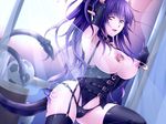  arms_up bdsm bondage_outfit breasts collar corset demon_girl demon_horns demon_tail elbow_gloves garter_straps gloves hakuou_(levi77) horns large_breasts long_hair looking_at_viewer multiple_tails nipple_piercing nipple_rings nipples original piercing pointy_ears purple_hair solo succubus tail thighhighs yellow_eyes 