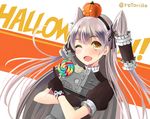  ;d amatsukaze_(kantai_collection) artist_name bad_id bad_pixiv_id black_gloves brown_eyes candy food food_themed_hair_ornament frills gloves hair_ornament halloween holding kantai_collection lollipop long_hair one_eye_closed open_mouth pointy_ears puffy_short_sleeves puffy_sleeves pumpkin_hair_ornament rensouhou-kun retorillo ribbon short_sleeves silver_hair simple_background smile sweets tube two_side_up very_long_hair 