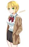  bad_id bad_pixiv_id blonde_hair blush breasts cardigan green_eyes hands_in_pockets idolmaster idolmaster_cinderella_girls looking_at_viewer medium_breasts miyamoto_frederica saikawa_yusa short_hair skirt solo twitter_username 