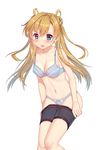  abukuma_(kantai_collection) bad_id bad_pixiv_id bike_shorts blonde_hair blue_bra blue_eyes blue_panties blush bra breasts cleavage cnm collarbone double_bun hair_between_eyes hair_rings kantai_collection long_hair looking_at_viewer medium_breasts navel open_mouth panties simple_background solo underwear underwear_only undressing white_background 