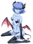  asymmetrical_wings black_gloves black_legwear black_sclera blue_hair blue_skin boots breasts covered_nipples demon_girl demon_tail demon_wings elbow_gloves full_body gloves high_heels highres horns looking_at_viewer low_wings mimizu_(tokagex) navel original pointy_ears short_hair small_breasts smile solo tail thigh_boots thighhighs white_background wings yellow_eyes 