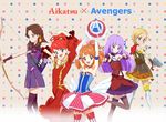  :d aikatsu! aikatsu!_(series) aqua_eyes arms_up avengers bangs bare_shoulders blonde_hair blue_eyes blunt_bangs bow bow_(weapon) brown_hair copyright_name cosplay flower fujiwara_miyabi_(aikatsu!) hair_flower hair_ornament hair_ribbon hikami_sumire kurebayashi_juri long_hair looking_at_viewer makacoon multiple_girls one_side_up oozora_akari open_mouth pink_bow ponytail purple_eyes purple_hair red_eyes red_hair ribbon shinjou_hinaki short_hair smile standing standing_on_one_leg thighhighs weapon 