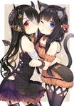  :o animal_ears ao_no_neko arm_garter bandage_over_one_eye bandaged_arm bandages black_hair black_legwear blue_eyes blush candy cat_ears cat_tail cheek-to-cheek collar crescent crescent_hair_ornament demon_horns demon_tail food hair_ornament halloween horns jewelry long_hair looking_at_viewer multiple_girls one_eye_closed original red_eyes simple_background tail thigh_strap wrist_cuffs 