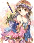  atelier_(series) atelier_totori back_bow bad_id bad_pixiv_id blue_sleeves bow brown_hair dress hat highres long_hair smile solo staff sweetroad totooria_helmold 
