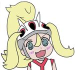  bicycle_helmet blonde_hair blue_eyes blush chinese_commentary commentary_request dot_nose fang flat_color gyate_gyate helmet koruni_(pokemon) open_mouth partial_commentary pokemon pokemon_(game) pokemon_xy solo 