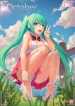  ahoge atdan bug butterfly cloud day fang full_body grass green_eyes green_hair hatsune_miku headphones highres insect long_hair looking_at_viewer nail_polish open_mouth outdoors panties pantyshot pantyshot_(squatting) purple_panties sandals skirt sky solo squatting twintails underwear v viewfinder vocaloid 