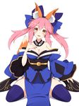  :d absurdres animal_ears bare_shoulders breasts cleavage detached_sleeves fate/extra fate_(series) fox_ears fox_tail fuku_arashi highres japanese_clothes large_breasts open_mouth pink_hair simple_background sitting smile solo tail tamamo_(fate)_(all) tamamo_no_mae_(fate) thighhighs twintails wariza white_background zettai_ryouiki 