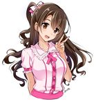  blush brown_eyes brown_hair idolmaster idolmaster_cinderella_girls long_hair looking_at_viewer one_side_up open_mouth saikawa_yusa shimamura_uzuki smile solo v 