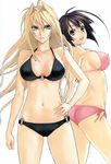  absurdres ahoge bikini black_bikini black_hair blonde_hair blue_eyes breasts brown_eyes cowboy_shot fingernails from_side gokurakuin_sakurako hair_intakes hand_on_hip highres large_breasts long_hair looking_at_viewer multiple_girls musubi navel o-ring o-ring_bikini pink_bikini scan sekirei side-tie_bikini sideboob simple_background smile swimsuit tsukiumi white_background 