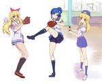  aikatsu! aikatsu!_(series) backwards_hat baseball baseball_bat baseball_cap baseball_mitt bike_shorts black_legwear blonde_hair blue_eyes blue_hair blue_legwear hairband hat highres hoshimiya_ichigo kiriya_aoi long_hair makacoon multiple_girls pitching red_eyes school_uniform serafuku side_ponytail skirt smile softball starlight_academy_uniform 