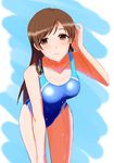  brown_eyes brown_hair competition_swimsuit highres idolmaster idolmaster_cinderella_girls idolmaster_cinderella_girls_starlight_stage leaning_forward long_hair nitta_minami one-piece_swimsuit shuuzen solo swimsuit 