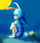  animal_ears bloomers blue_dress blue_hair bunny_ears bunny_tail commentary_request dress ear_clip eruei full_moon grass highres kine leg_hug looking_up mallet moon night night_sky no_shoes profile red_eyes sad seiran_(touhou) short_dress short_twintails sitting_on_ground sky socks solo tail tearing_up touhou twintails underwear 