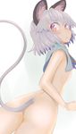  animal_ears ass back blush capelet dutch_angle flat_ass from_behind gradient gradient_background grey_hair ishikkoro jewelry looking_at_viewer looking_back mouse_ears mouse_tail nazrin necklace nude red_eyes short_hair solo sweatdrop tail touhou 