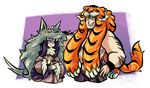  1girl beowulf_(skullgirls) black_hair commentary company_connection cosplay costume_switch crossover indivisible lab_zero_games razmi_(indivisible) skullgirls tiger_pelt wolf_pelt 