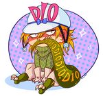  artist_name biting blonde_hair bow chibi claws diego_brando full_body gloves green_shirt hat jojo_no_kimyou_na_bouken male_focus niitsumee polka_dot polka_dot_background scary_monsters_(stand) shirt signature sitting solo steel_ball_run tail tail_biting turtleneck white_gloves 