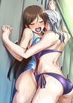  anastasia_(idolmaster) ass bikini blush breast_press breasts brown_hair competition_swimsuit holding_hands idolmaster idolmaster_cinderella_girls idolmaster_cinderella_girls_starlight_stage long_hair love_laika medium_breasts multiple_girls nitta_minami one-piece_swimsuit open_mouth pija_(pianiishimo) saliva saliva_trail short_hair silver_hair swimsuit yuri 