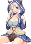  :o blush body_mahattaya_ginga breasts brown_eyes camieux cleavage draph granblue_fantasy hood horns large_breasts long_hair looking_at_viewer low_twintails one_eye_closed open_mouth shorts silver_hair simple_background sitting solo twintails wariza white_background wide_sleeves 