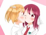  ;) ^_^ blonde_hair blush closed_eyes collared_shirt flower hair_flower hair_ornament hair_ribbon highres kiss long_hair multiple_girls necktie one_eye_closed red_eyes red_hair red_neckwear ribbon sakura_trick school_uniform shirt smile sonoda_yuu takayama_haruka upper_body white_shirt yoshibanekazu yuri 