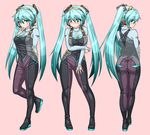  aqua_hair ass bad_id bad_pixiv_id blush bodysuit commentary_request contrapposto full_body green_eyes hatsune_miku headphones long_hair looking_at_viewer nail_polish shimizu_pem solo standing sweatdrop taut_clothes twintails very_long_hair vocaloid 